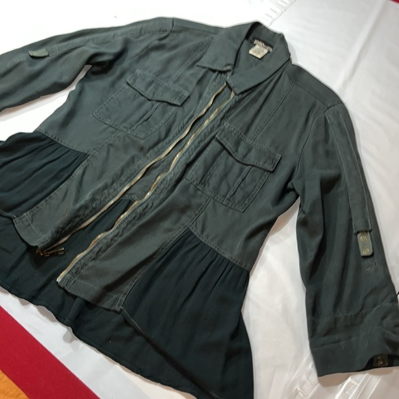 Mac and me Green Flowy zip JACKET office peplum ruffle pockets roll tab sleeves - Picture 4 of 14